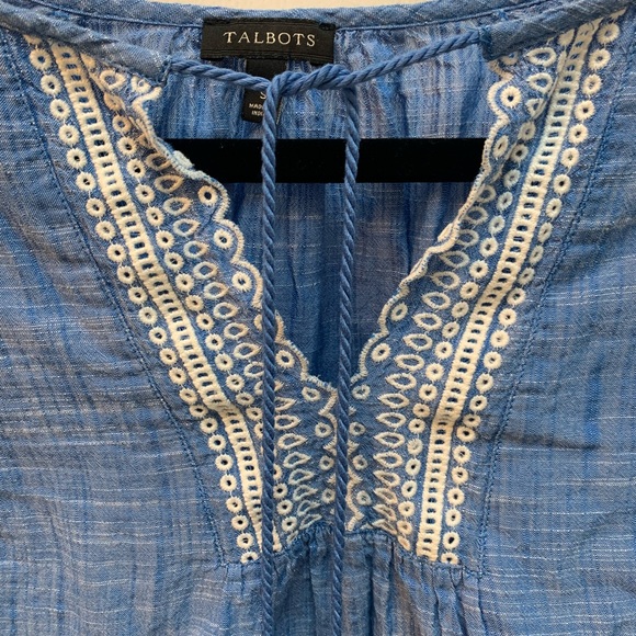 Talbots Blue Embroidered Tassel Tie Top size S - Picture 5 of 8